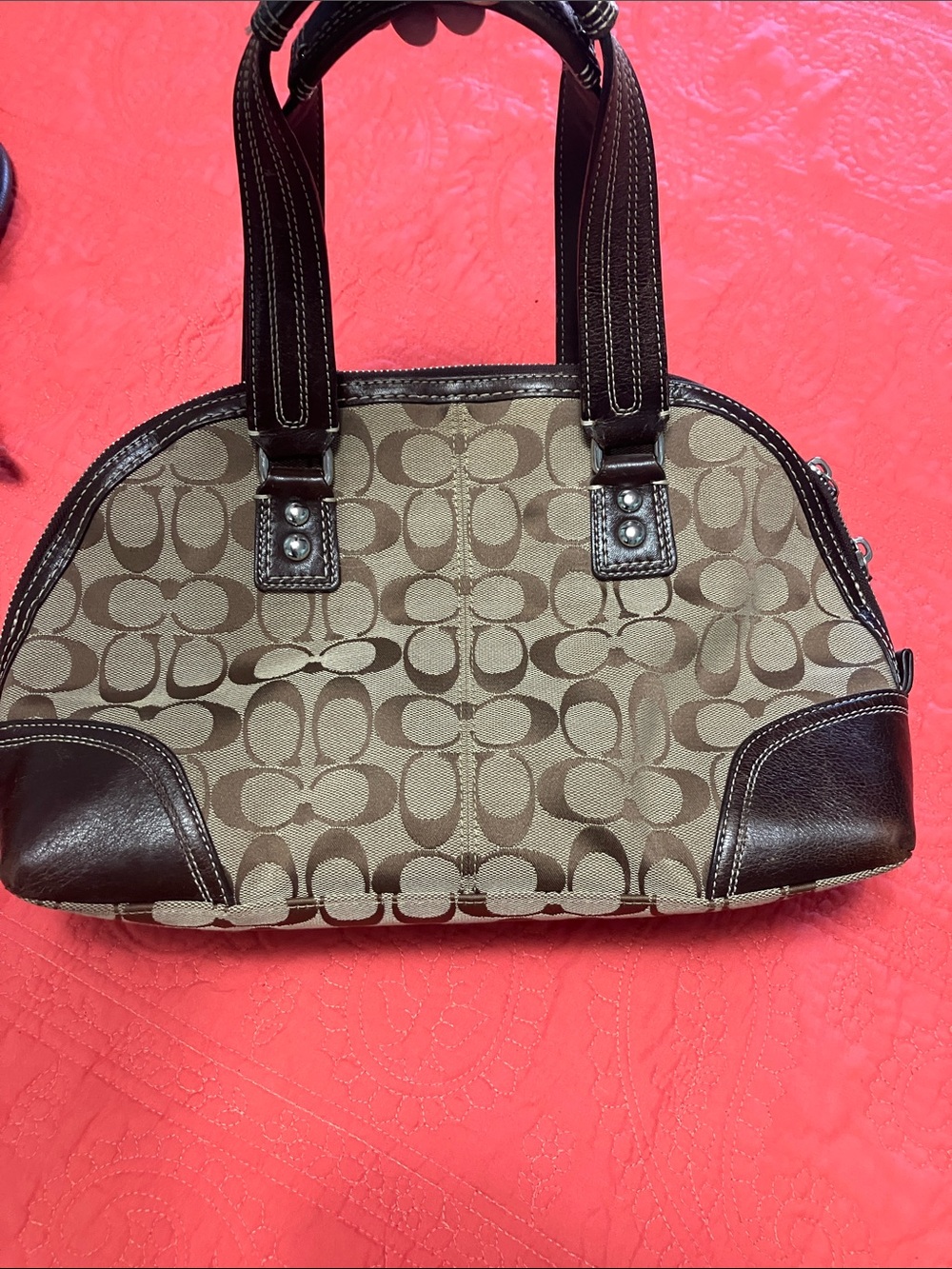 Coach Hampton Signature Canvas Shoulder Satchel with Dark Brown Leather Trim - Picture 2 of 10